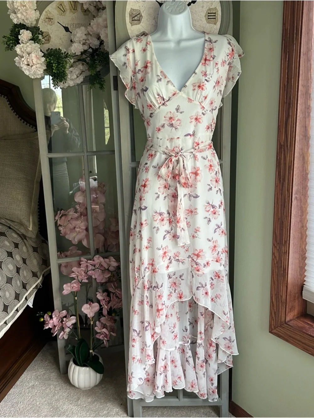 Asymmetrical High-Low Midi Dress Flutter Sleeves Ruffles Pink White Floral Sz XL - Picture 2 of 9